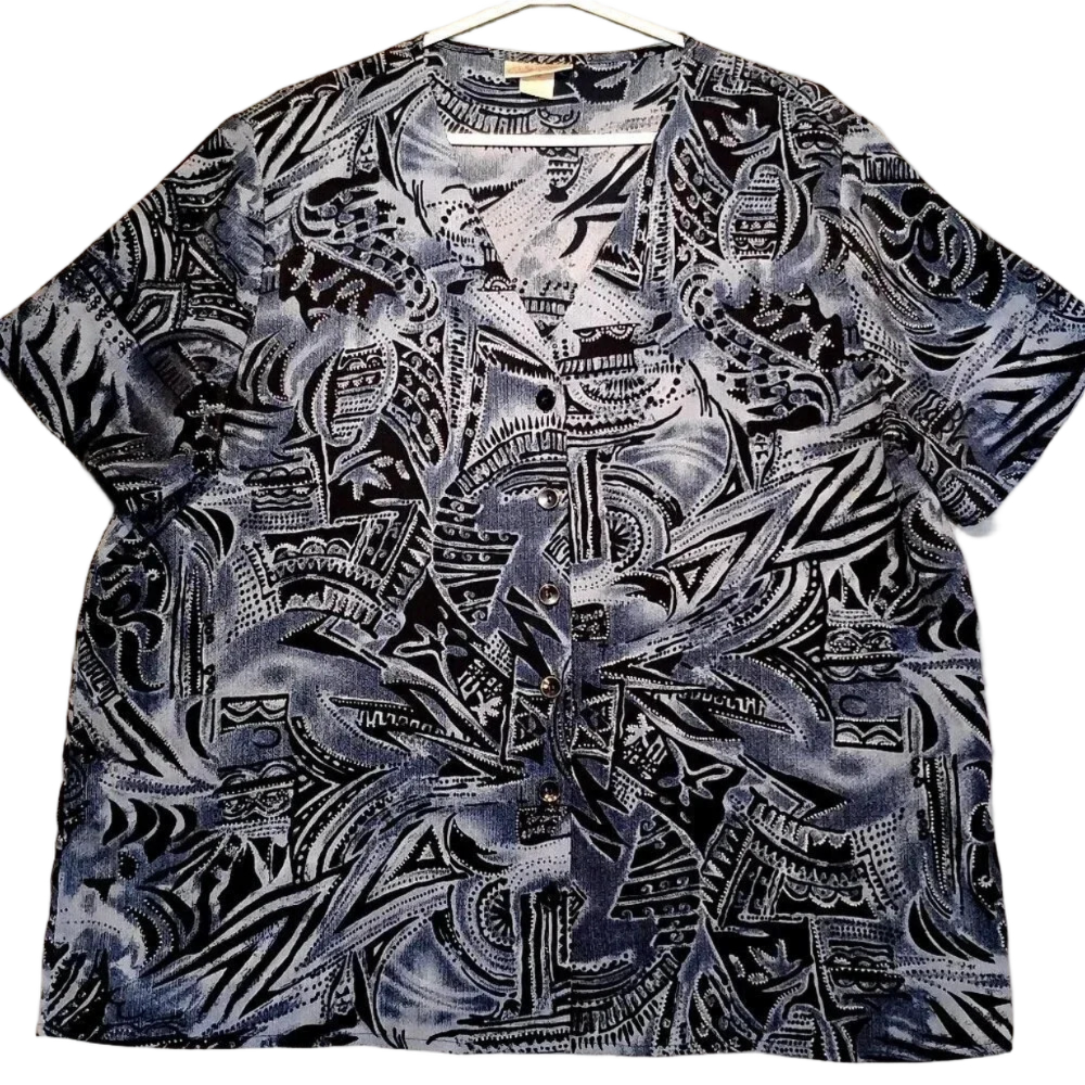 Carroll Reed  Women's Blue & Black Short Sleeve V-Neck Button Down Blouse Size X